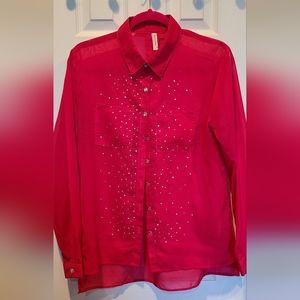 Sweet n Kool outfitters fuschia hot pink sheer rhinestone blouse L western rodeo